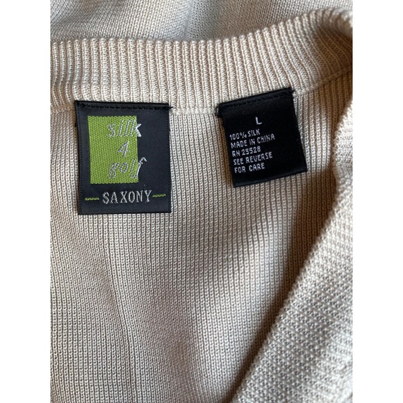 Vintage Y2K Saxony Silk 4 Golf Men's Sweater Vest L Beige V Neck 100% Silk - Picture 2 of 4